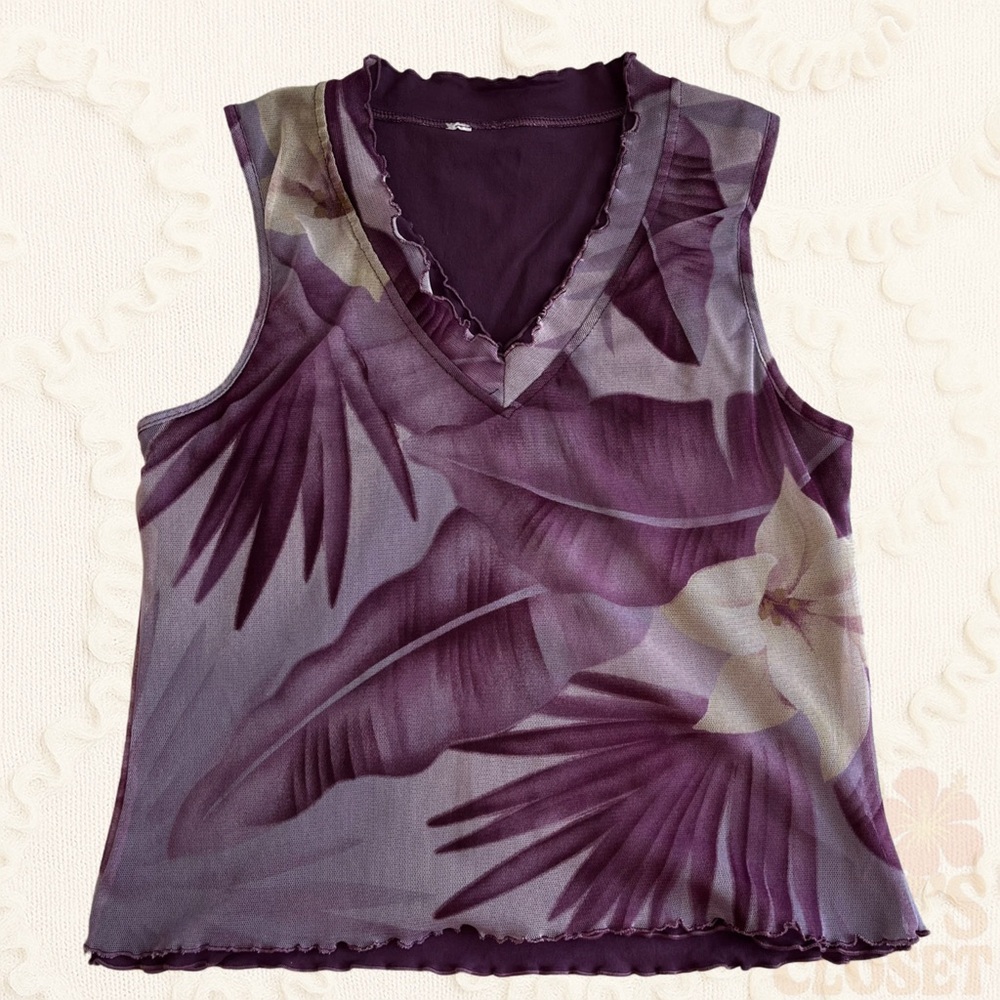 Vintage Mesh Purple Flower Tank Top Boho Beachy w/ Two Layers Comfortable Fit